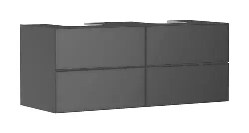 Schwarzer Waschtischunterschrank mit vier Schubkästen von Hansgrohe, geeignet für Konsolen und Aufsatzwaschtische. Schlichte und funktionale Form.
